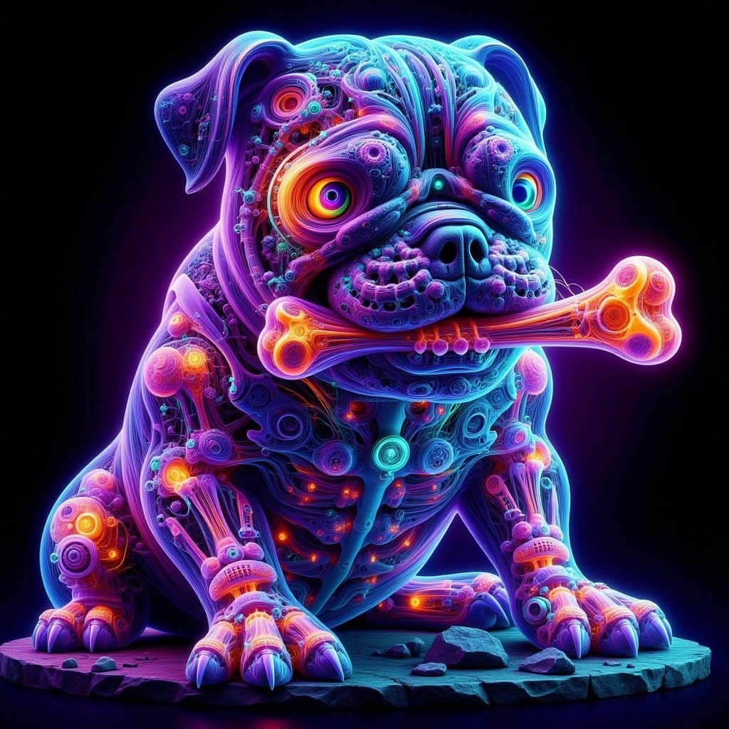 Biomechanical Bulldog X-Ray Art in Neon Ultraviolet