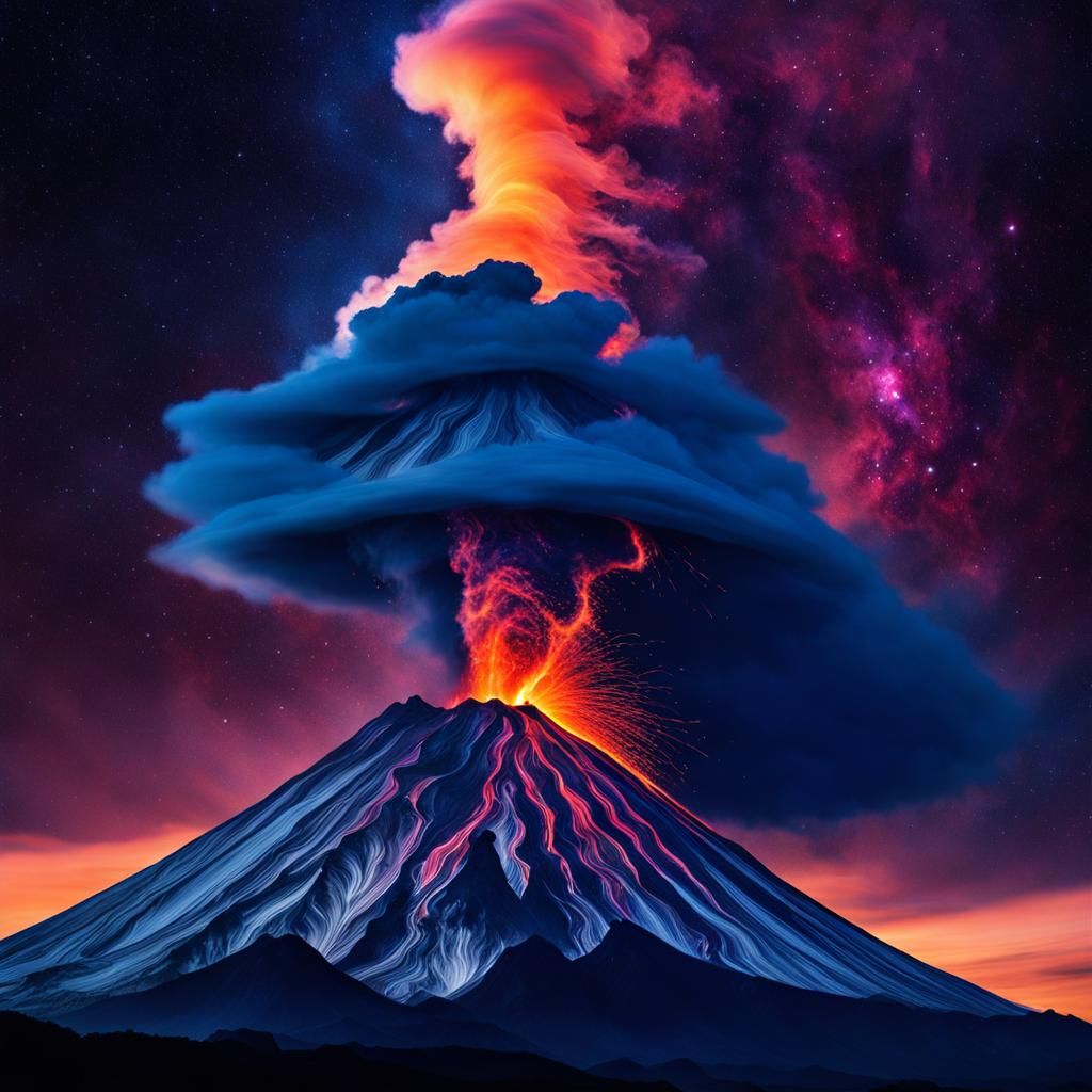 Volcano Eruption at Sunset in Hyperrealistic Double Exposure