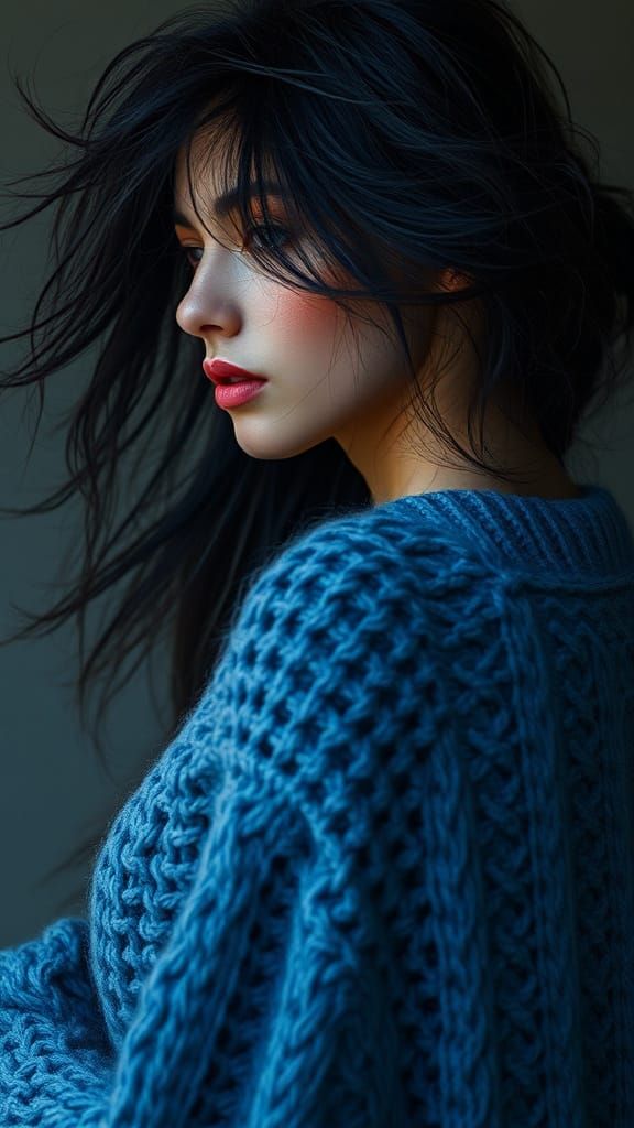 Woman in Blue Sweater with Windswept Hair