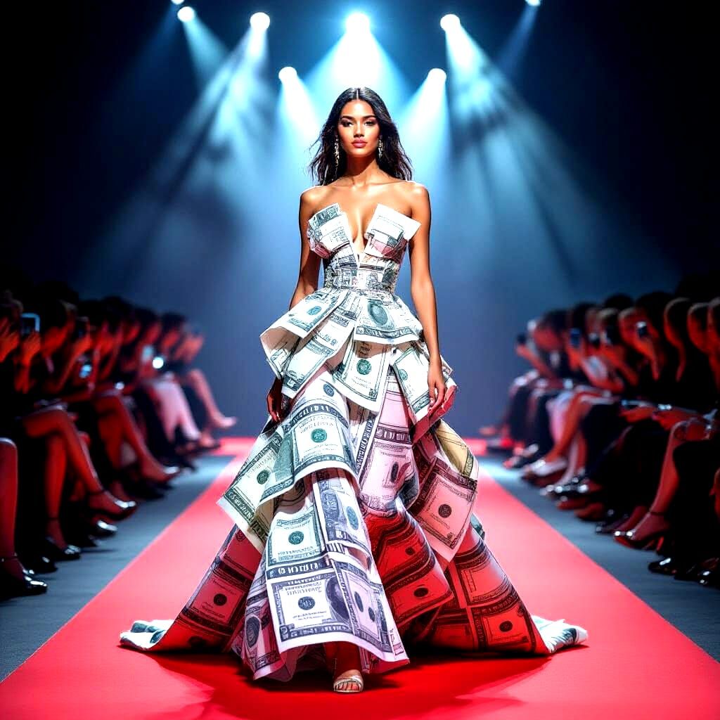 Model in Paper Money Dress on Red Carpet