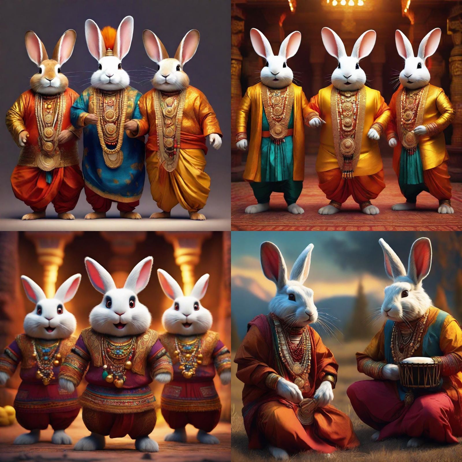 Rabbit Musicians in Indian Attire: 3D Digital Art