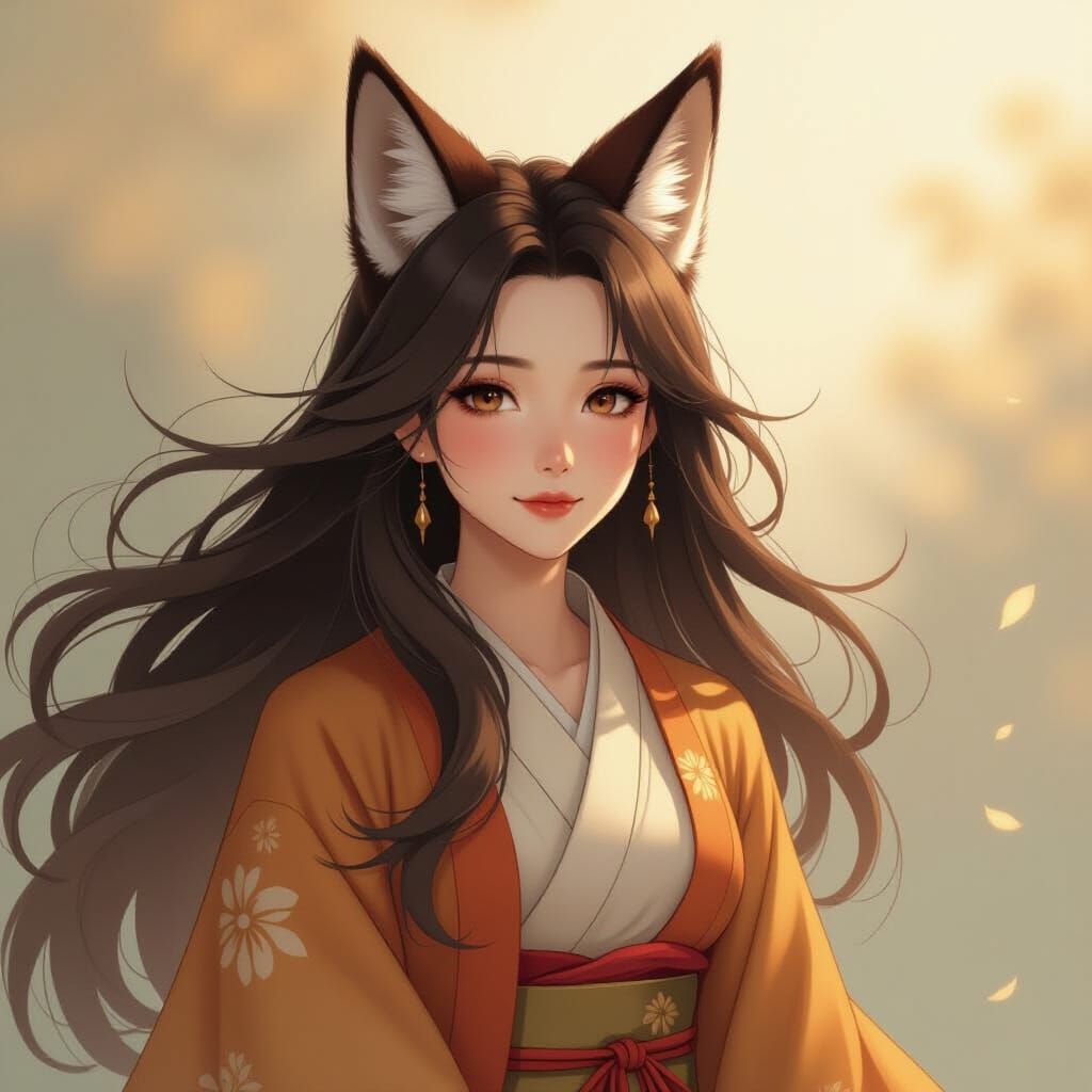 Ethereal Japanese Kitsune Woman in Dreamy Watermark Style