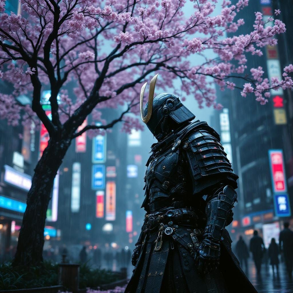 Cyborg Samurai in Cyberpunk Tokyo With Cherry Blossoms