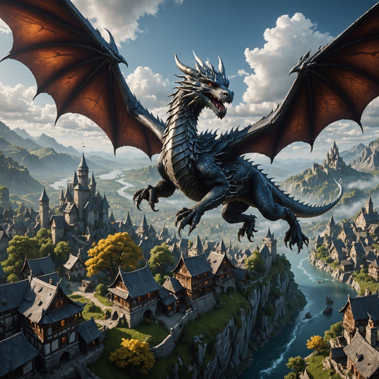 Dragon Soars Above Enchanted Village in Fantastical Art