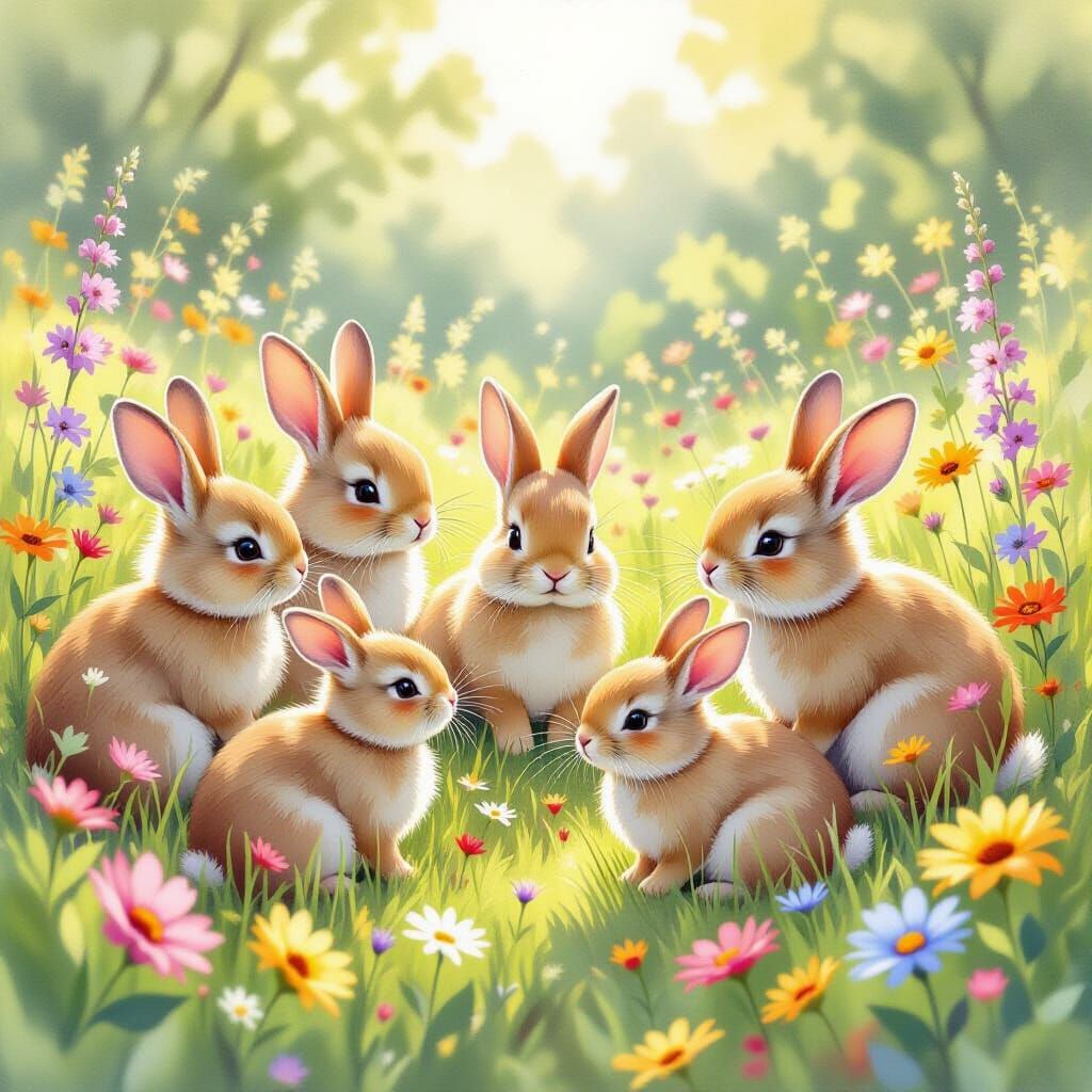 Adorable Rabbits in a Sun-Dappled Meadow