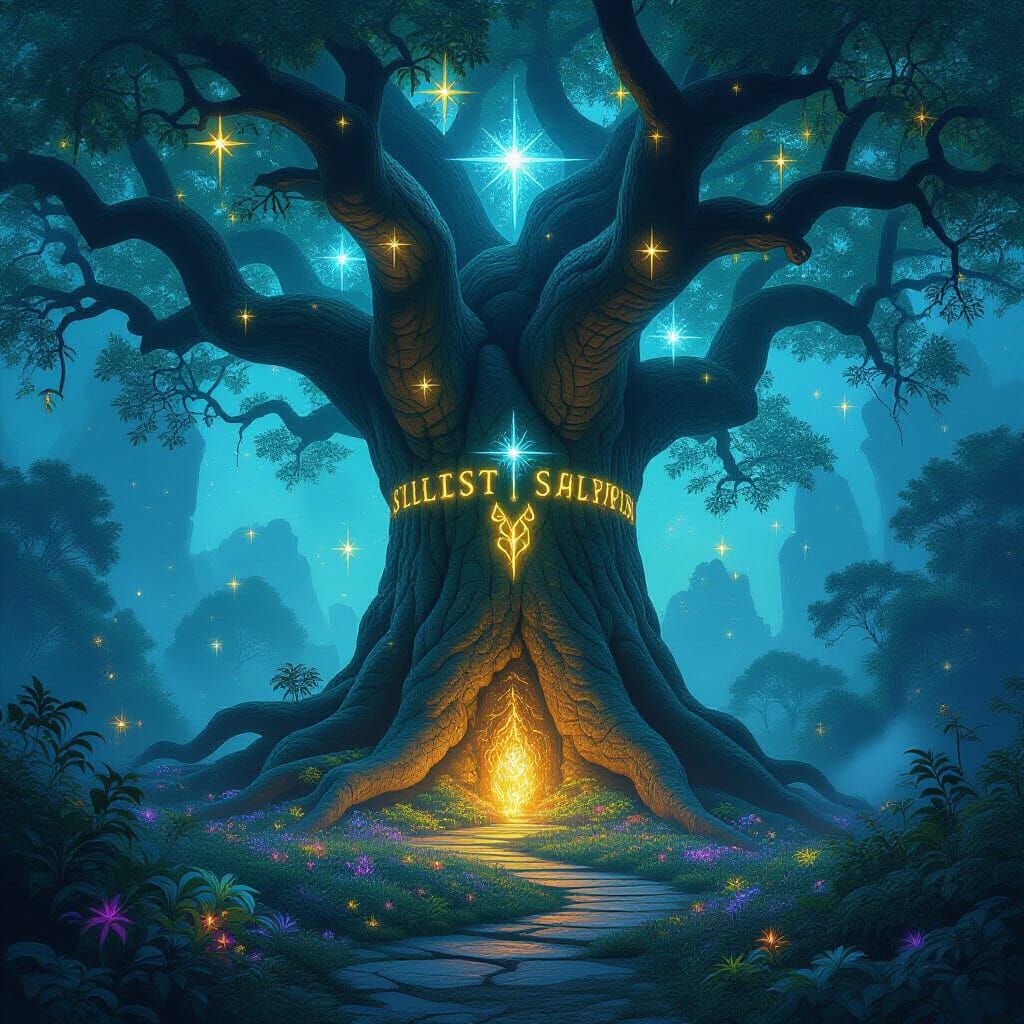 Ancient Runic Tree in Celestial Garden with Bioluminescent F...