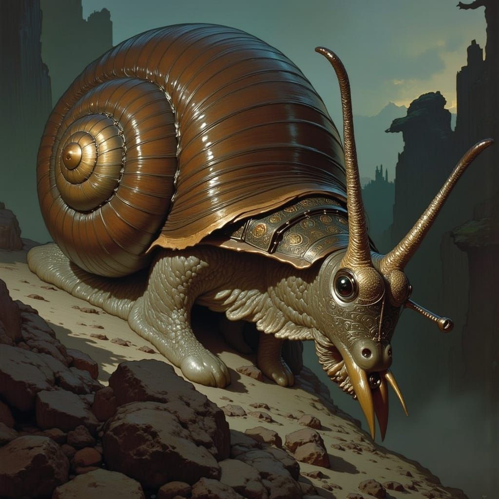 Knight Battles Giant Snail in Rembrandt Style