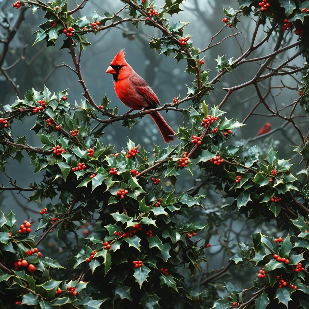 Cardinal in Holly Bush: Digital Matte Painting