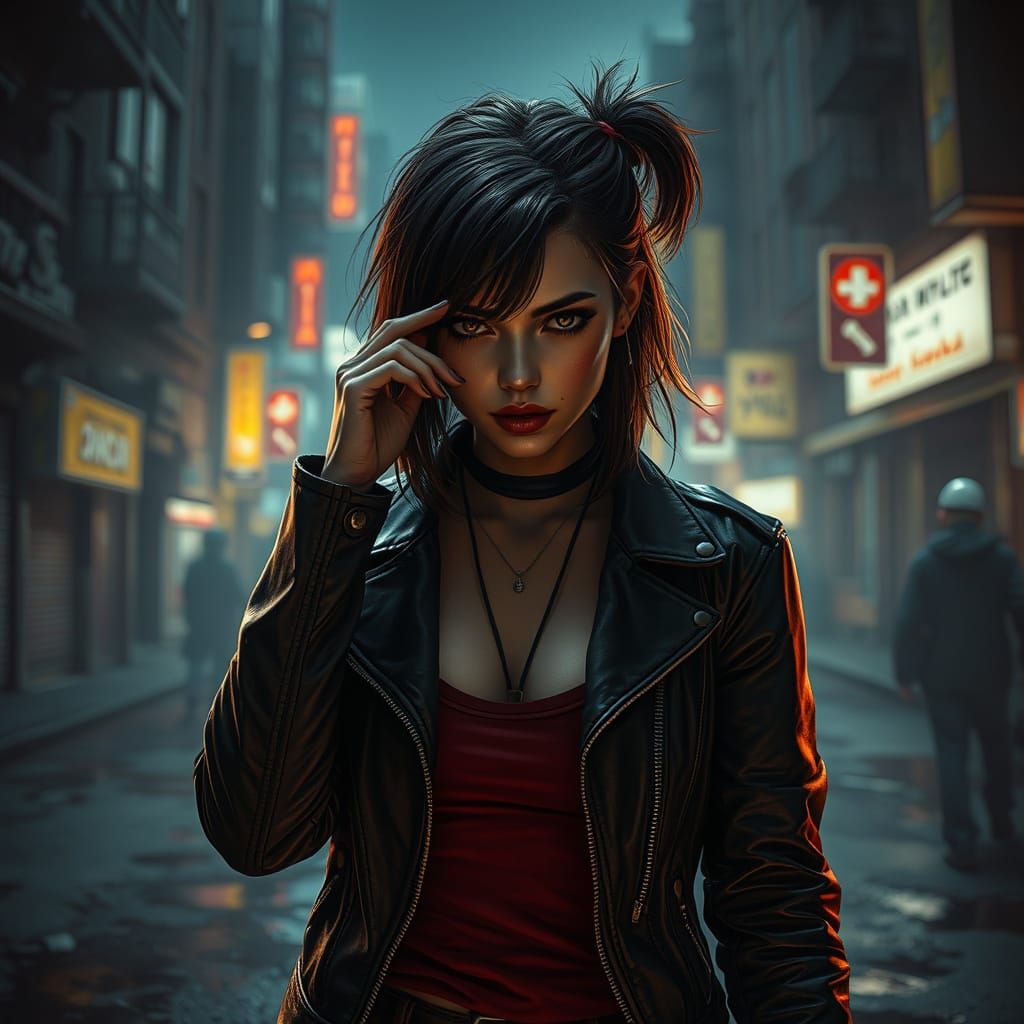 Dystopian Cityscape: Woman in Cyberpunk Style
