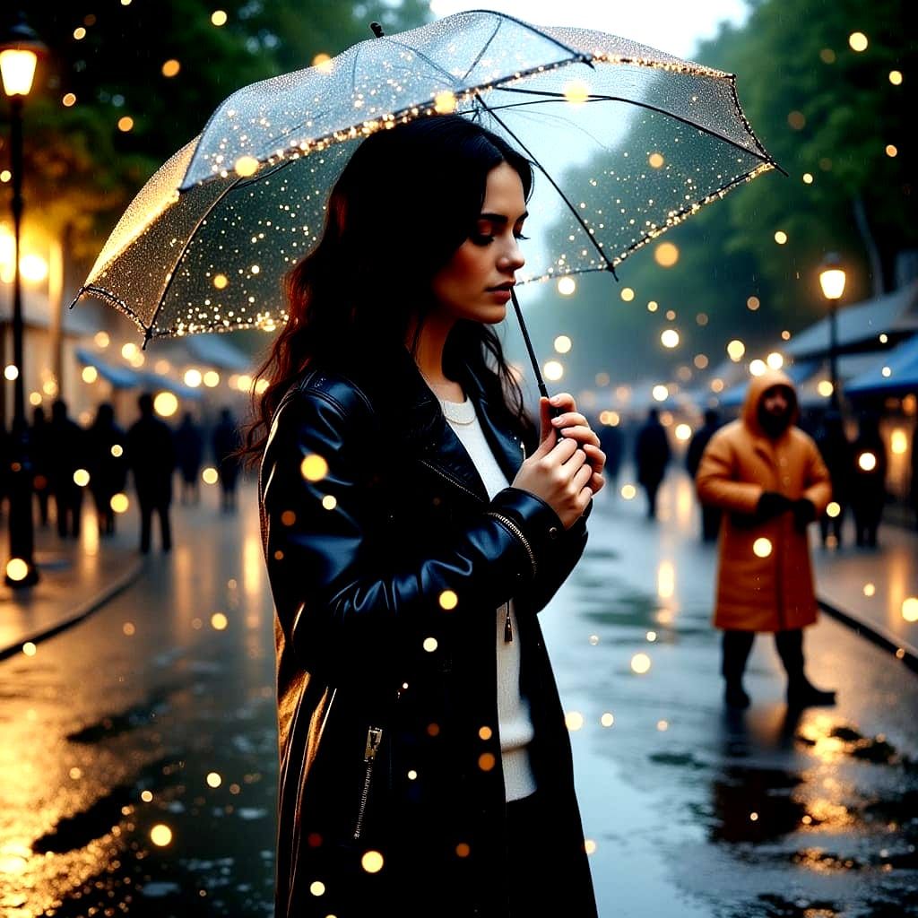 Woman Under Glowing Umbrella in London Rain