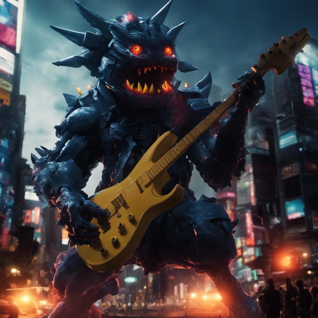 Giant Kaiju Monsters Musicians playing  gitaurs and Giant Mecha Musicians having a battle of the bands in neon lit Centr...