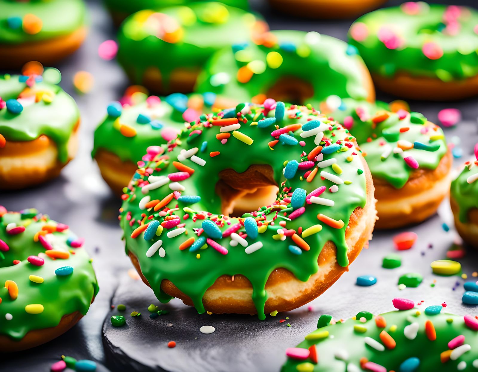 Green Frosted Donut with Sprinkles, Professional Photography