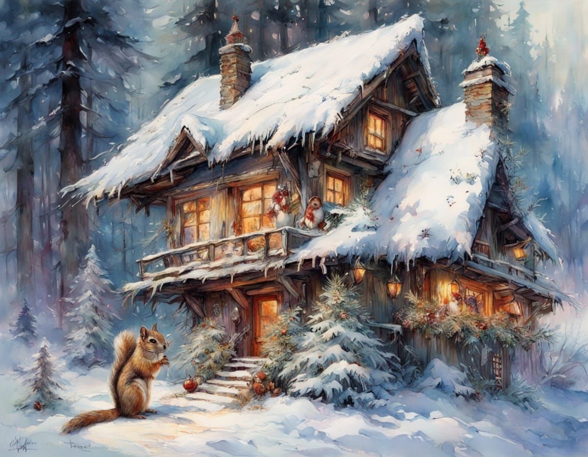 Cozy Christmas Winter Scene with Animals