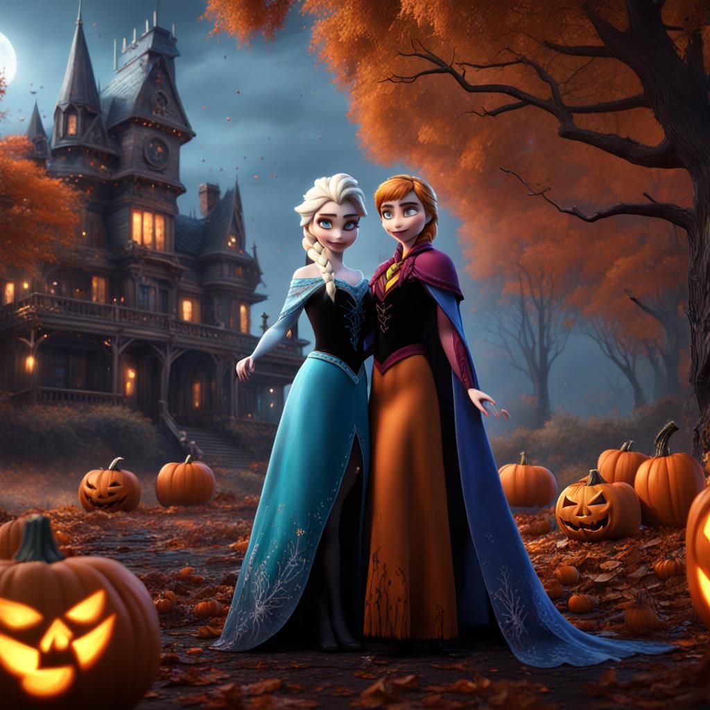 Elsa and Anna Celebrate Halloween in Fantasy Art