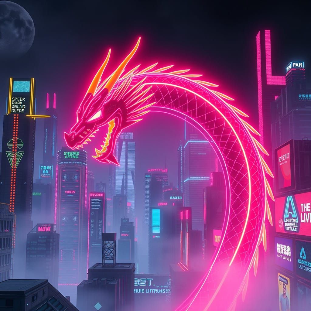 Cyberpunk Dragon Curve Unfurls in Retro-Futuristic Metropoli...