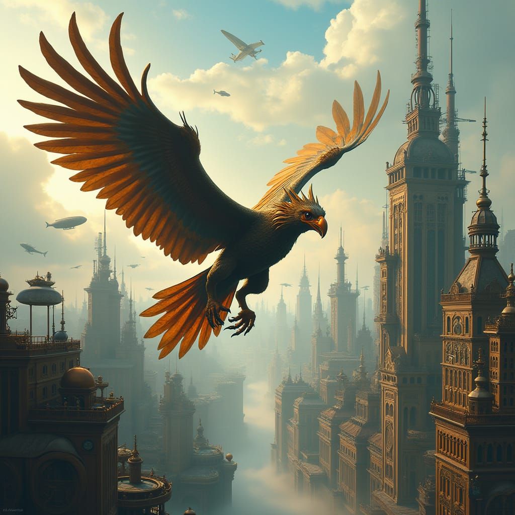 Griffin Soaring Over Steampunk Metropolis