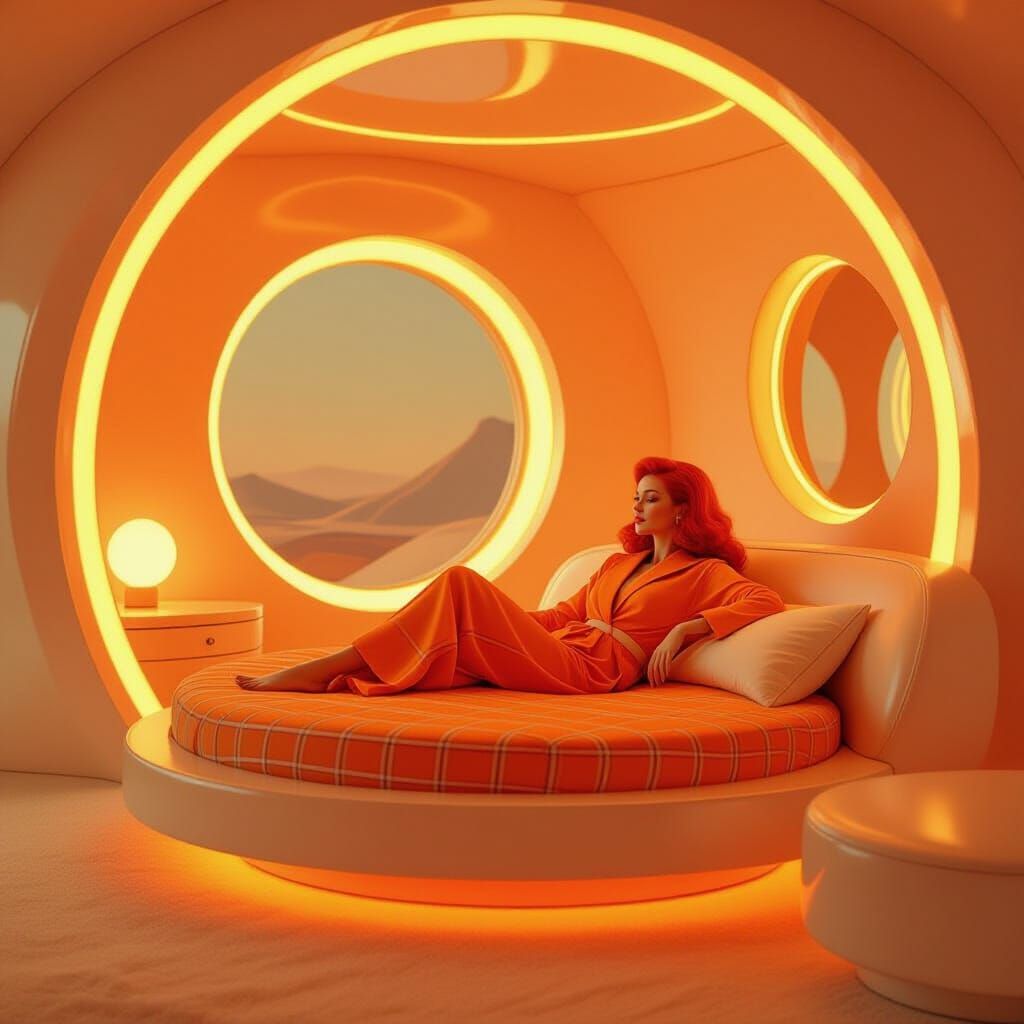 Retrofuturism Bedroom With Woman in Orange Glow