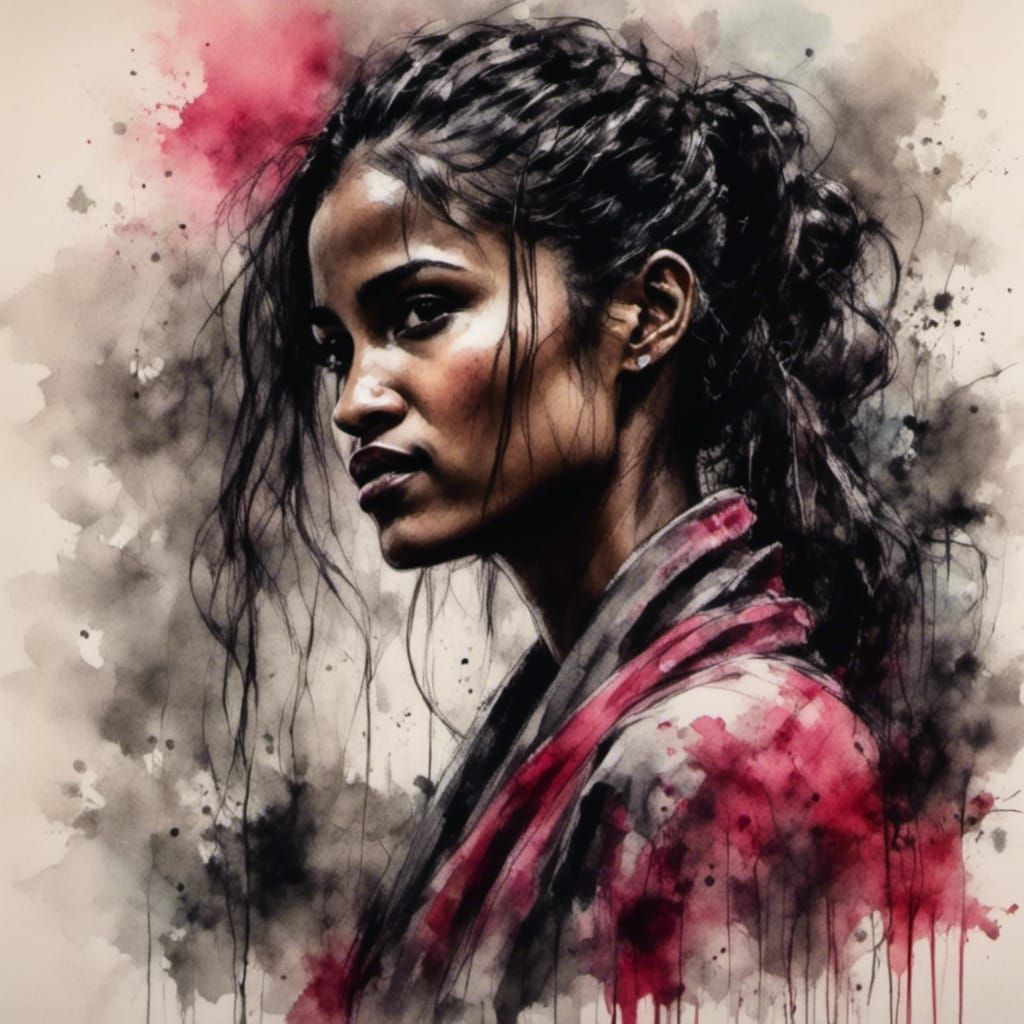 Chinese Girl with Dragon in Charcoal and Ink Style