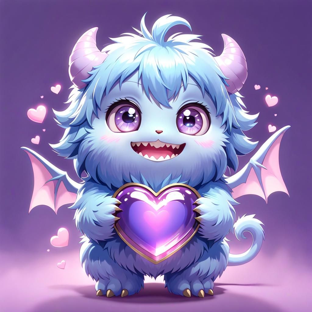 Cute Chibi Blue Monster with Purple Heart