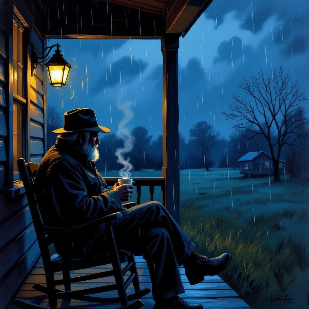 Man on Cabin Porch Watching Evening Rainstorm, Oil Painting ...