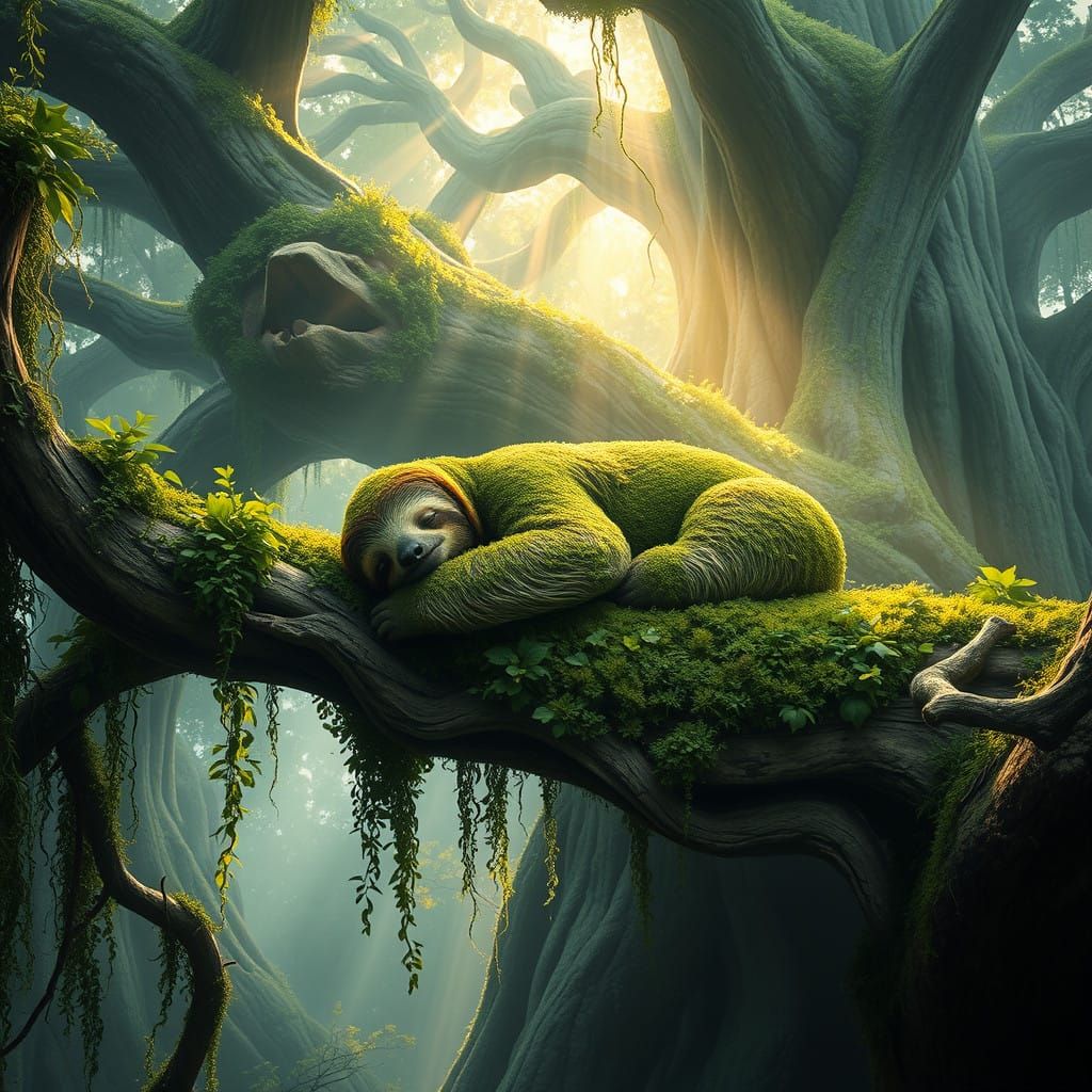 Sloth in Mystical Forest Canopy