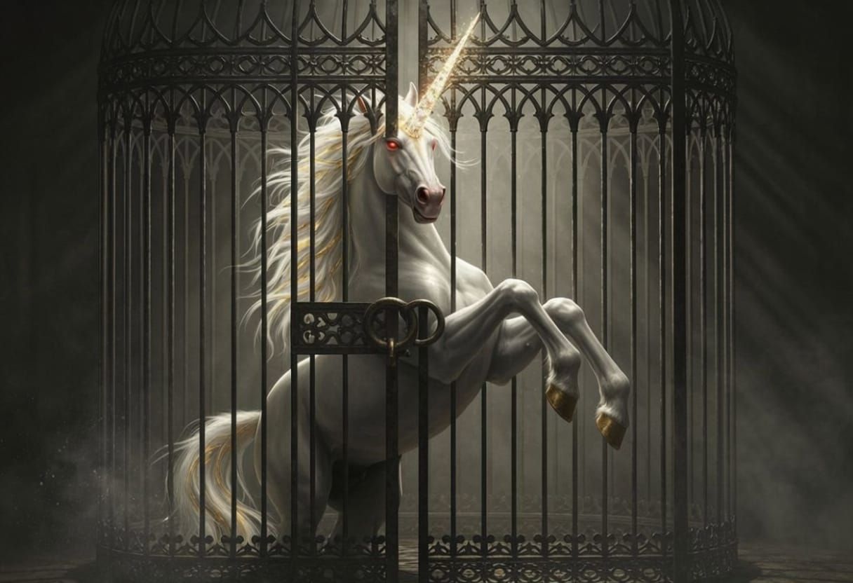 Majestic Unicorn Trapped in Ornate Iron Cage