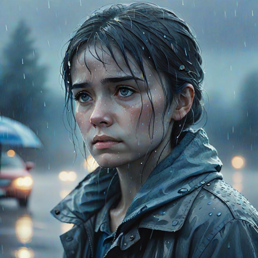 Melancholic Solitude in Winter Rain: Watercolor Concept Art