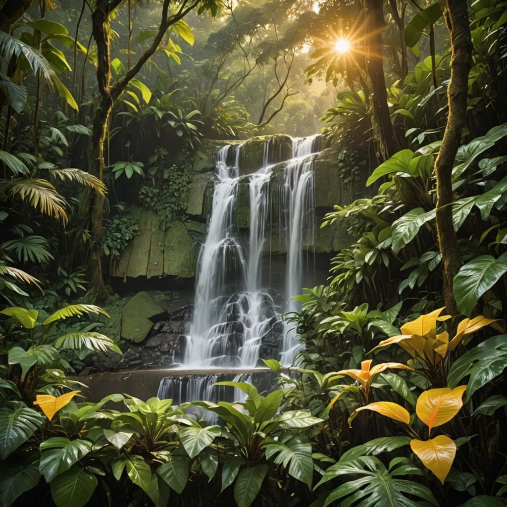 Costa Rican Waterfall in Golden Sunrise Light