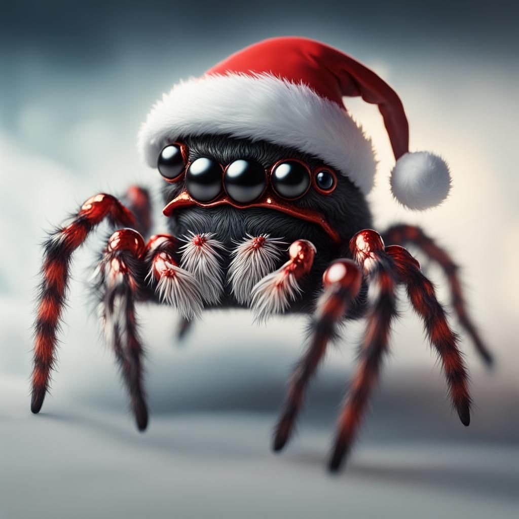 Cute Christmas Spider in Santa Hat: Detailed Art