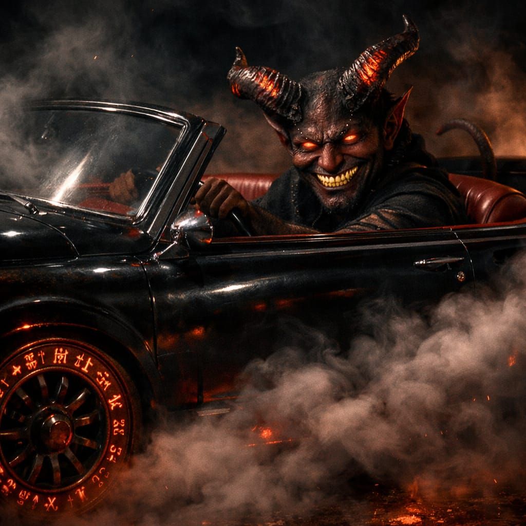 Demon Drives Realistic Cabriolet from Ritual Smoke