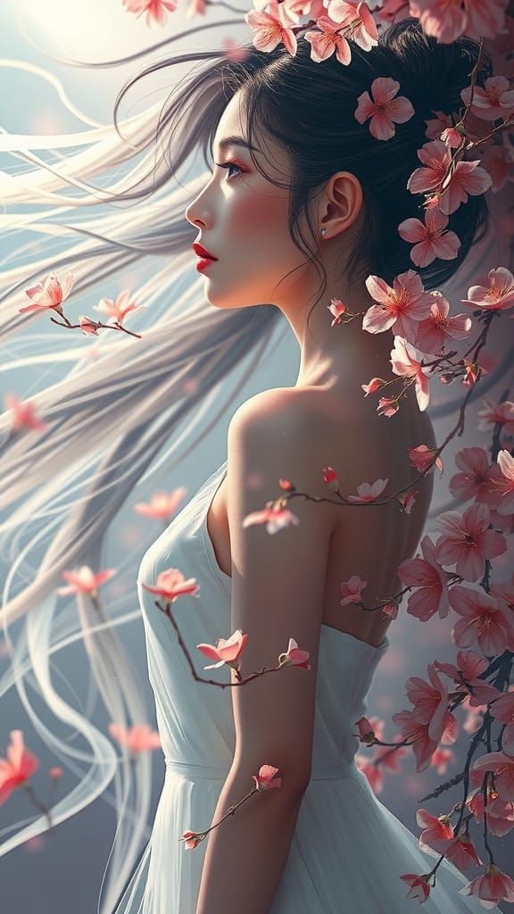 Ethereal Woman Merging with Floral Tapestry: Anime Style