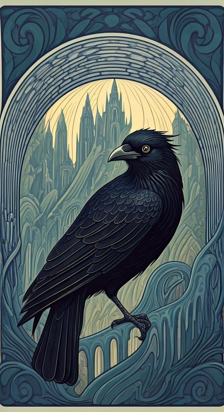 Blackbird in Delft Blue Psychedelic Art Nouveau Style