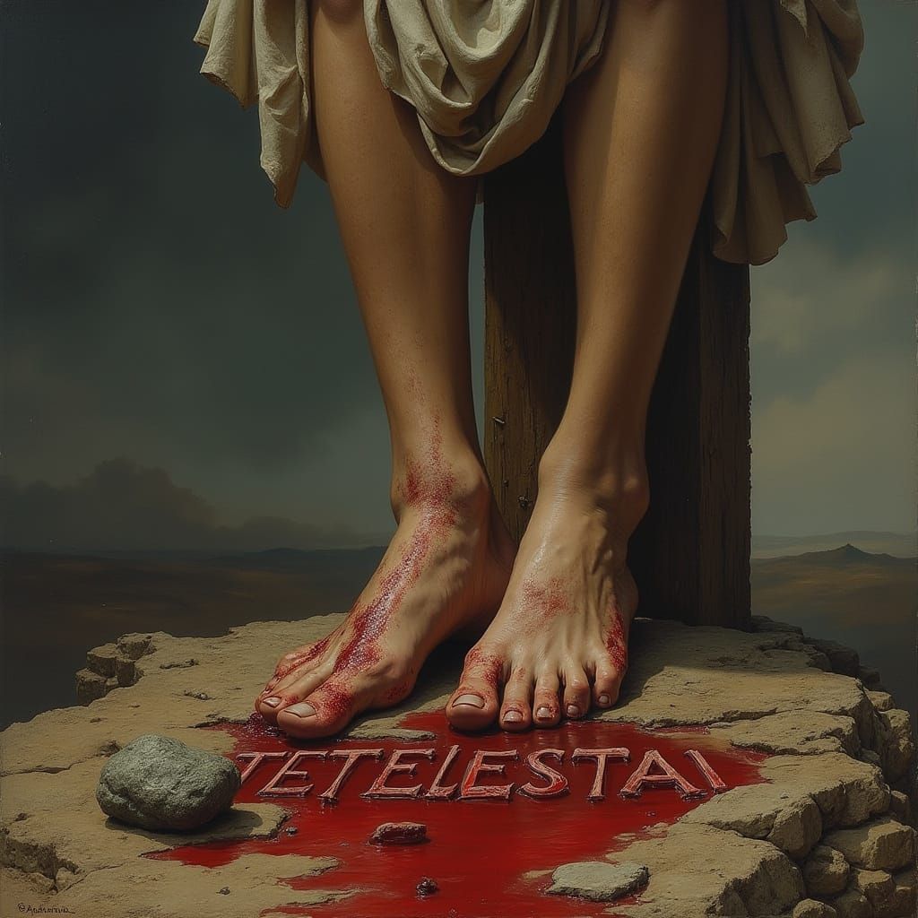 Crucified Feet on Weathered Cross in Desolate Landscape