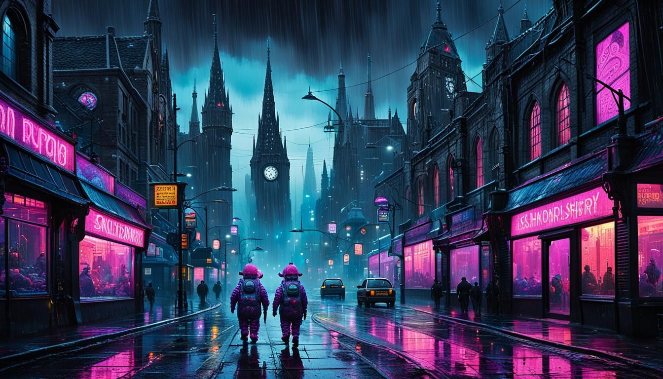 Mr. Blobby's Arrest: Noir Cyberpunk Cityscape