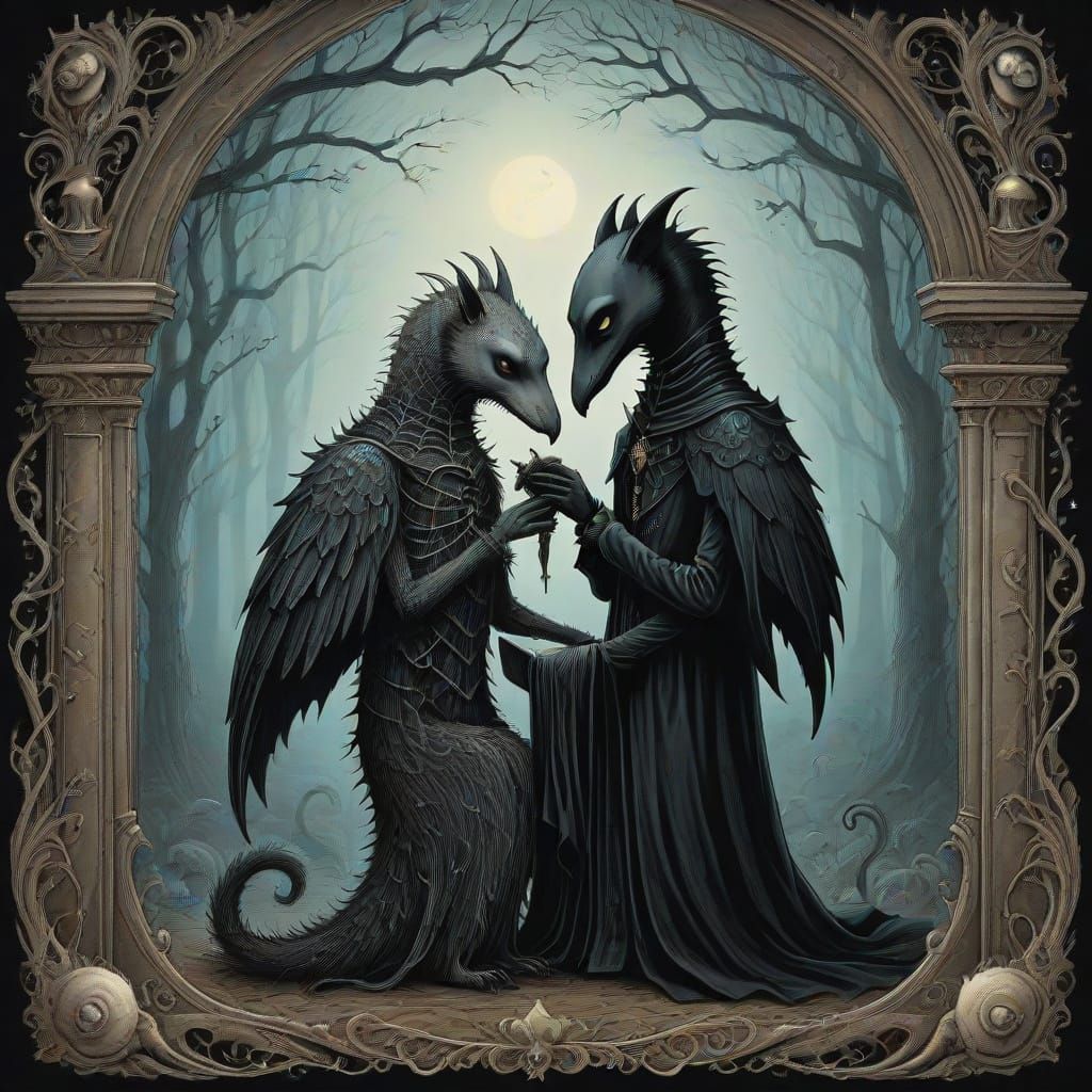 Macabre Creatures Embracing in Gothic Romance