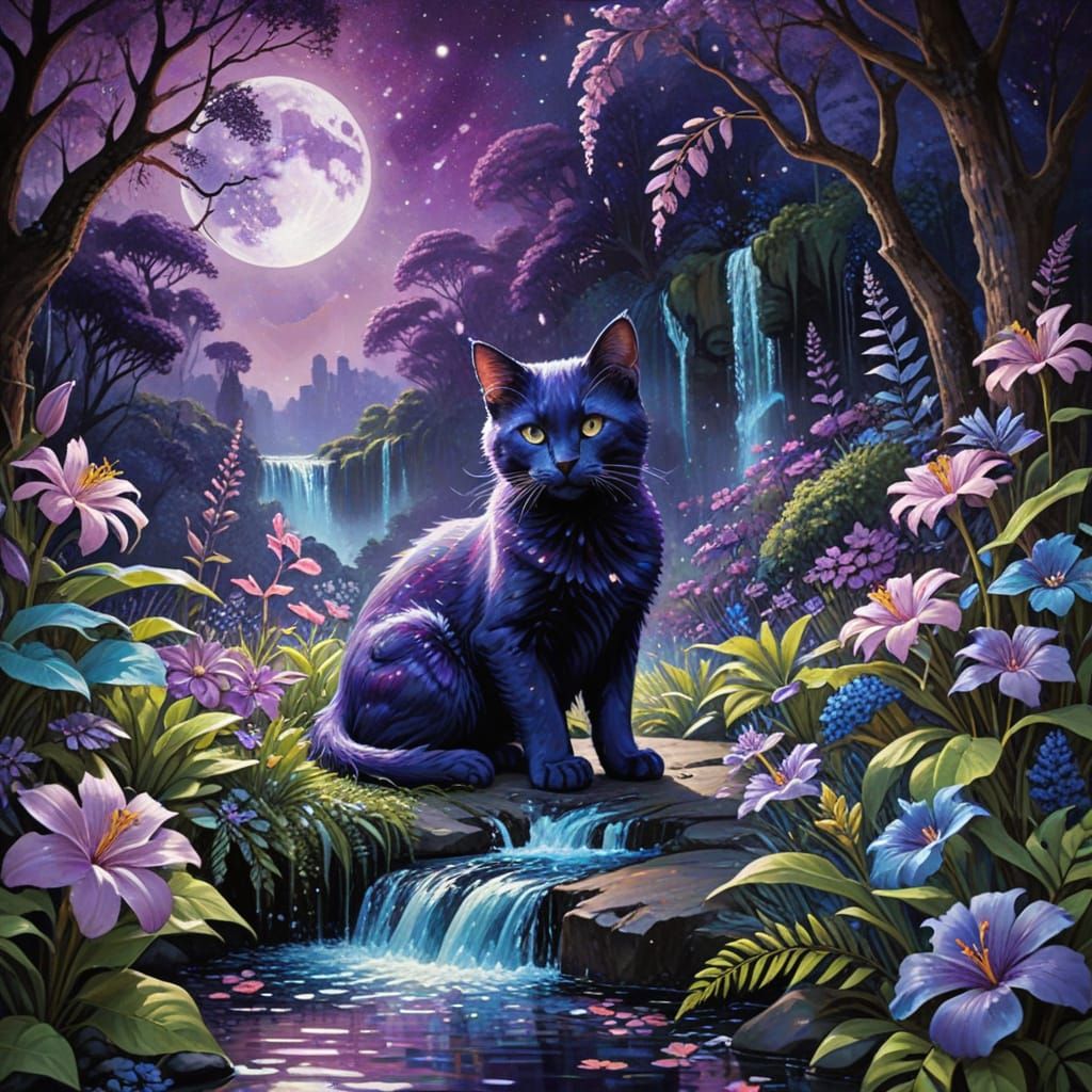 Whimsical Fantasy Kitten in Lush Tropical Moonlit Scene
