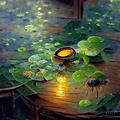 Lilypad House Aglow with Fireflies: An Oil Painting