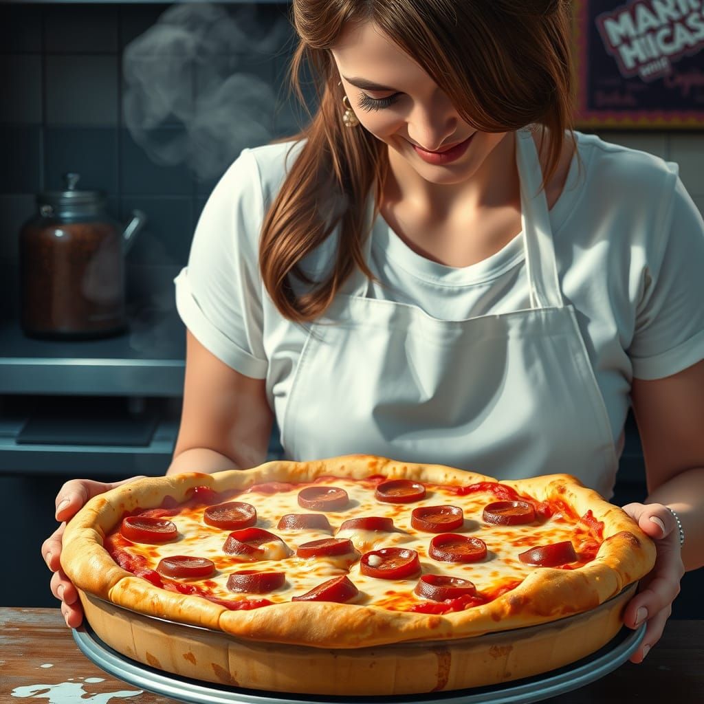Woman Serving Chicago Pizza in Surreal Style