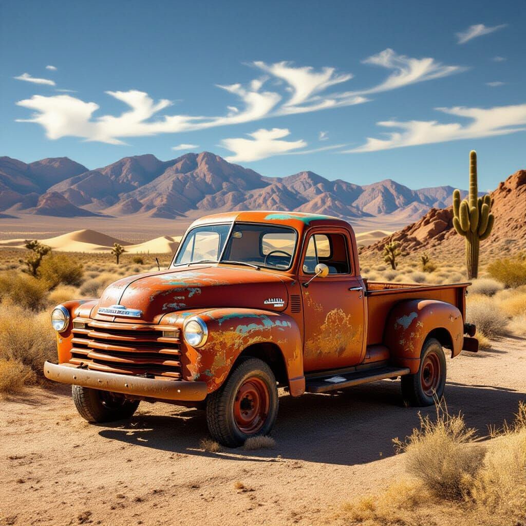 Dusty Desert: Old Pickup Truck in Photorealistic Style