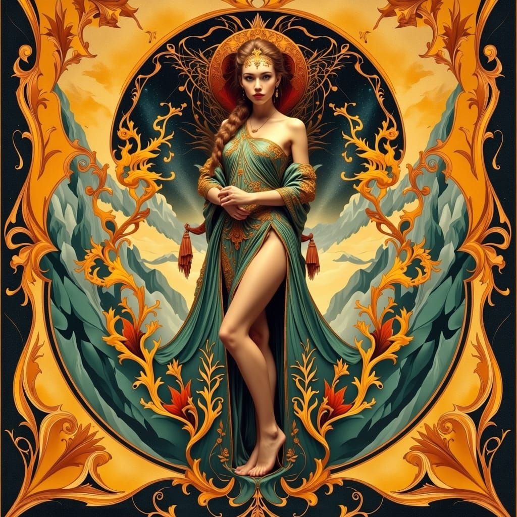 <lora:Flux Hyperreal:1.0> Surreal Art Deco Woman's full body portait NSF with Geometric Patterns