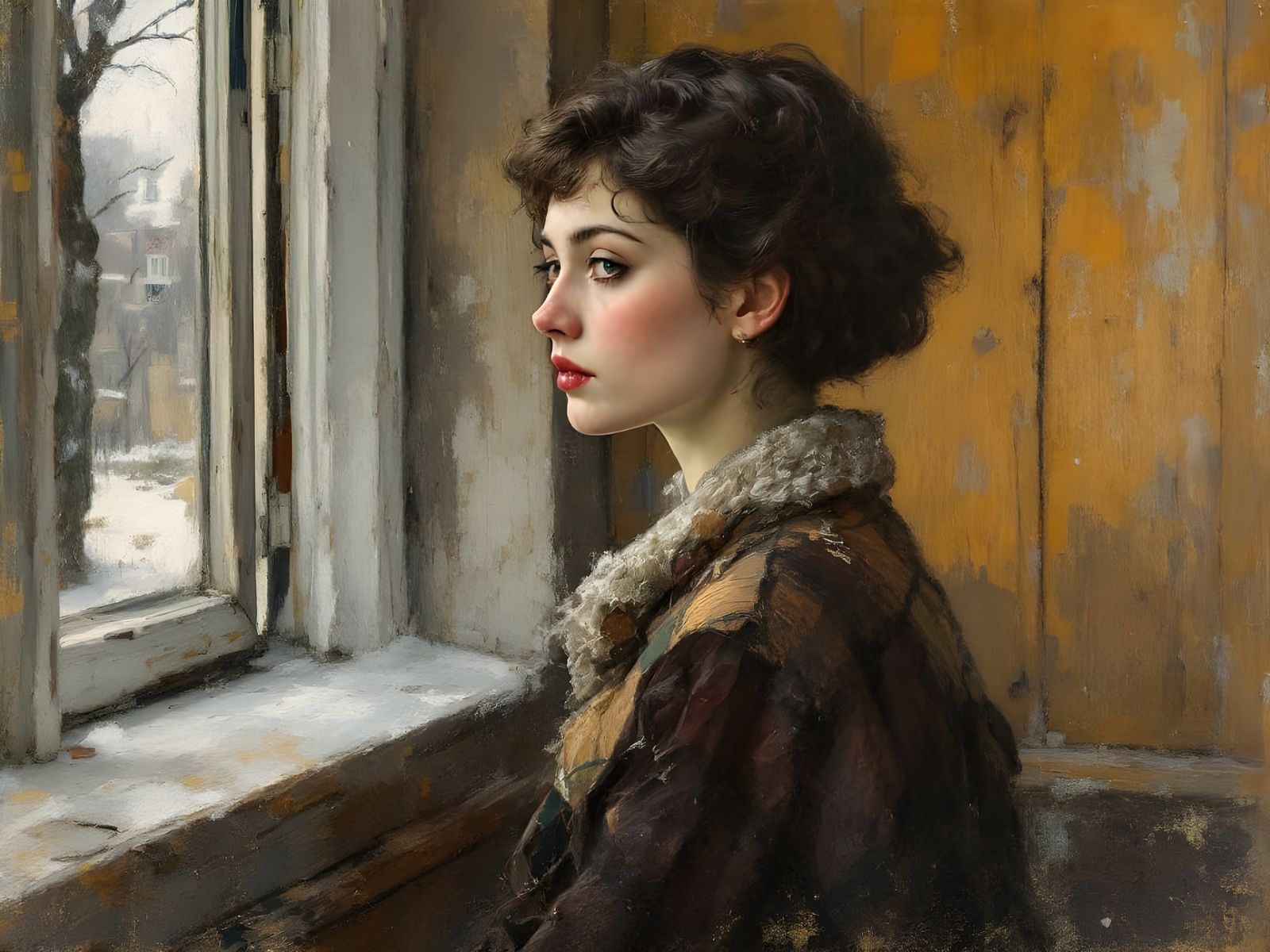 Woman in Winter Profile, Oil Painting Style