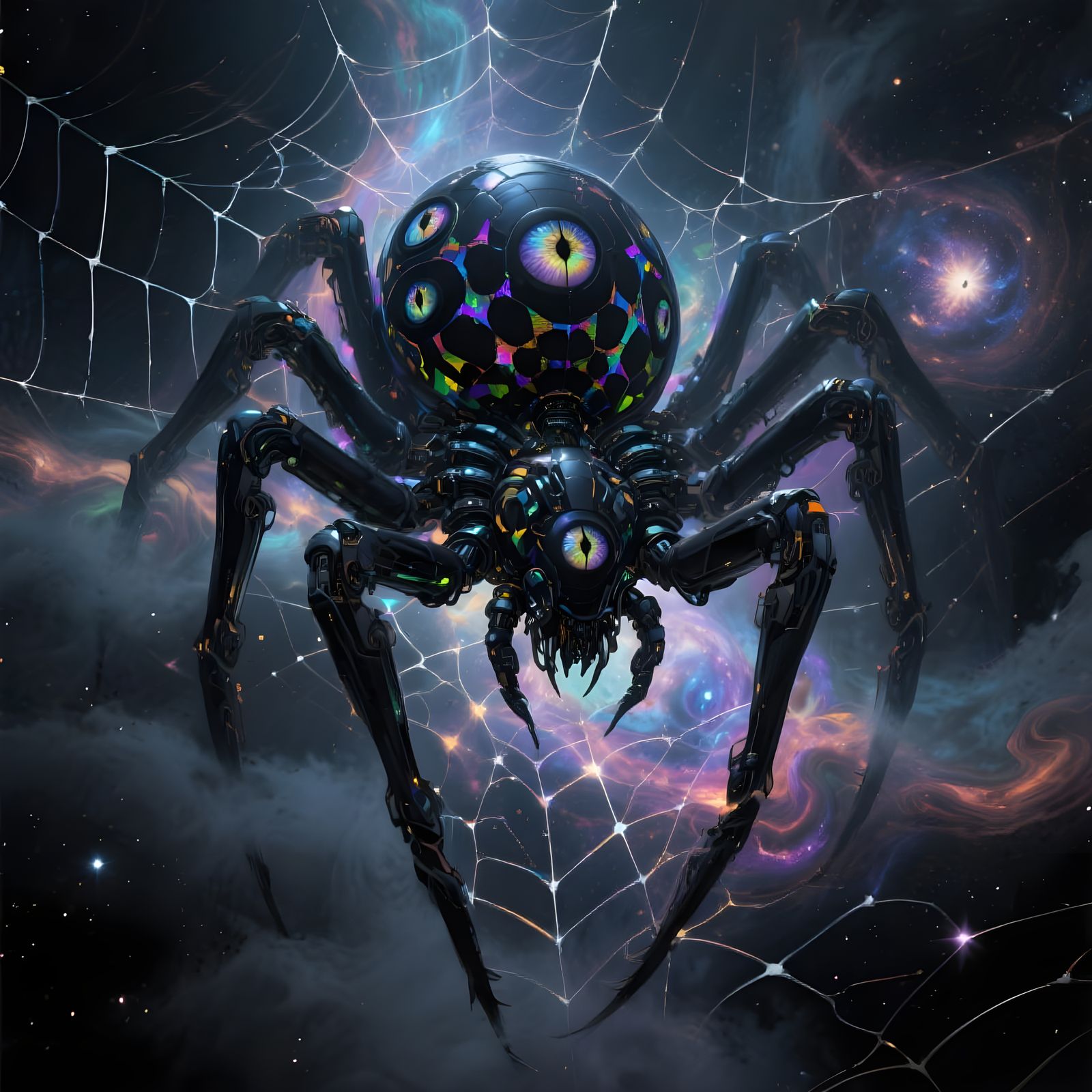 Biomechanical Spider Goddess Weaving Cosmic Web