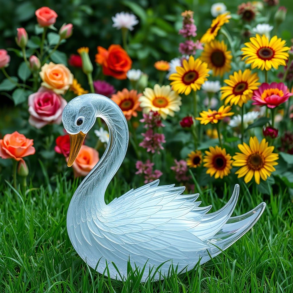 Ethereal Glass Swan in Vibrant Floral Garden