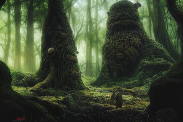 Surreal Stone Heads Under Cosmic Sky