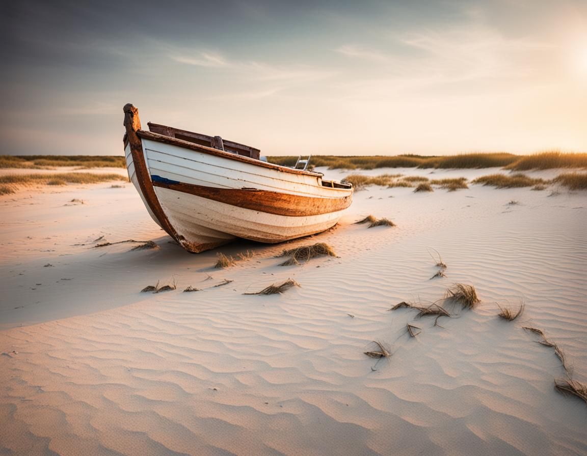 Minimalist Beached Boat at Sunset in Washed Out Aesthetic