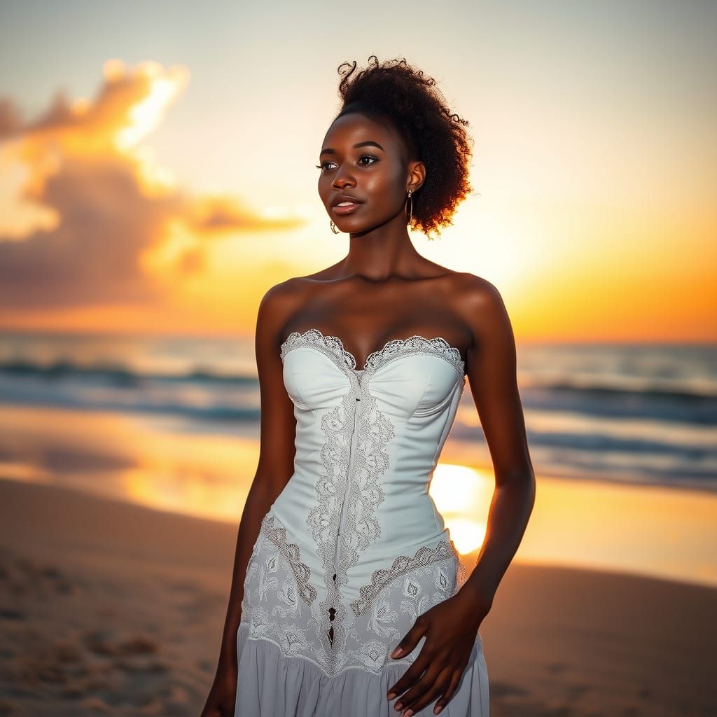 Woman in White Dress at Sunset, Romantic Art