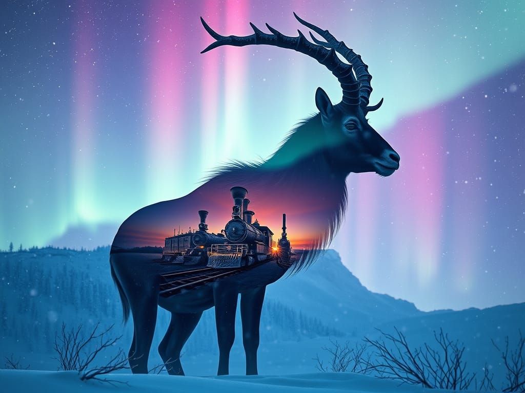 Ibex Silhouette with Aurora Borealis Winter Scene
