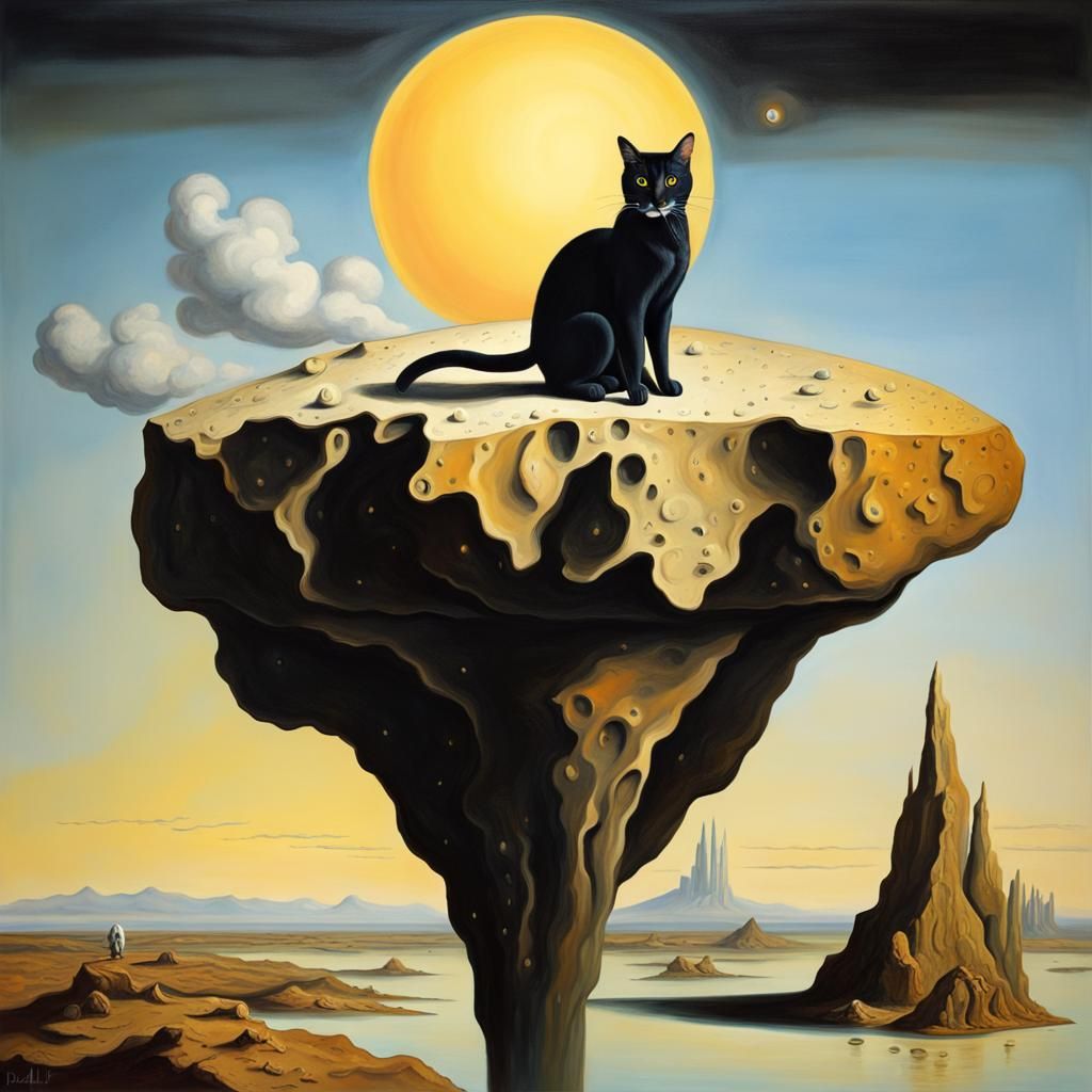 Surreal Cat on Asteroid in Dali Style