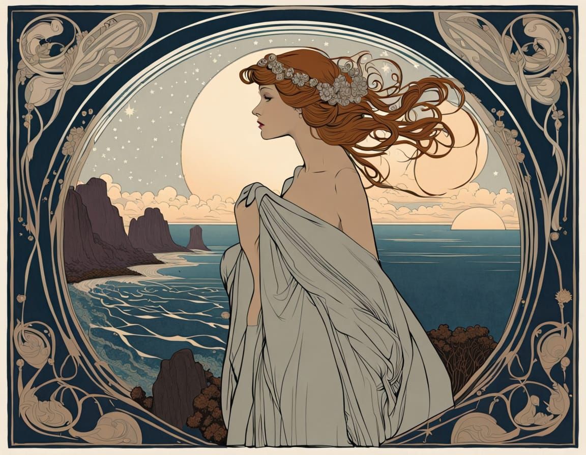 Art Nouveau Woman Gazing at Starry Ocean
