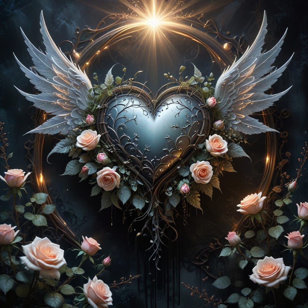 Gothic Heart with Delicate Wings and Roses